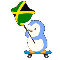 a penguin on a skateboard is holding a flag of jamaica