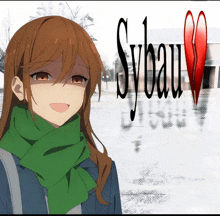 a girl wearing a green scarf stands in front of sybau