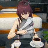 a woman is sitting at a table with a cup of coffee in front of her