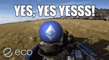 a blue ball with an ethereum logo on it and the words yes yes yesss on the bottom