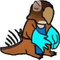 a cartoon drawing of a bird holding a blue glove