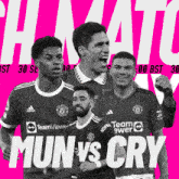 three soccer players on a pink background with the words mun vs cry on the bottom