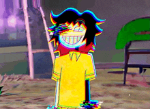 a cartoon character wearing a yellow shirt is smiling with a glitch effect .