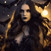 a woman with long black hair and bats flying around her