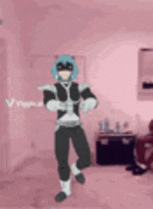 a cartoon character is standing in a pink room covering his eyes .