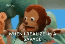 a stuffed monkey is sitting on a bed and saying `` when i realize im a savage '' .