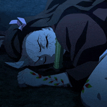 a cartoon character is laying on the ground with a bamboo pipe in her mouth