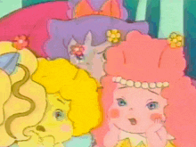 a cartoon girl with purple hair is wearing a pink dress and flowers