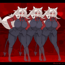 three anime characters are standing next to each other with their hands in their pockets and a red background