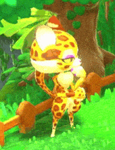 a cartoon giraffe is standing next to a wooden fence
