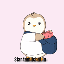 a penguin is holding an envelope with the words good news star tamilchat.in