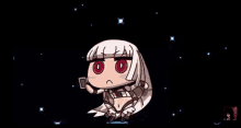 a cartoon character with white hair and red eyes is holding a sword .