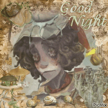 a picture of a girl with snail shells around her and the words good night