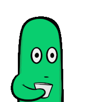 a green cartoon character is holding a cup in his mouth