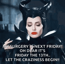 a woman in a maleficent costume has horns on her head and says her surgery is next friday