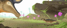 a painting of two dinosaurs standing next to each other with purple flowers in the background