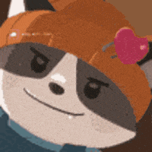 a cartoon raccoon wearing a hat with a heart on it is smiling .