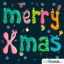 a merry xmas greeting card with colorful letters on a dark background