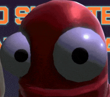 a close up of a red cartoon character with big eyes in front of a sign that says os