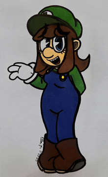 a drawing of a girl wearing overalls and a green hat with the name ellie on the bottom right