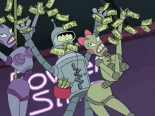 a cartoon of a robot holding a bucket of money with the word love in the background
