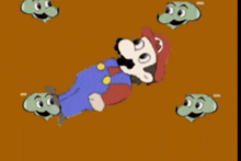 a cartoon of mario surrounded by frogs on a brown background