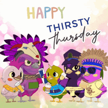 a happy thirsty thursday greeting card with a group of birds