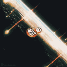 a cartoon drawing of a cat and a dog flying through a black hole