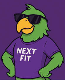 a green parrot wearing sunglasses and a purple shirt that says " next fit "