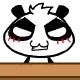 a panda bear is sitting on top of a wooden table with its eyes closed .