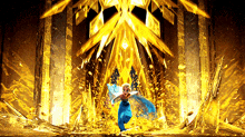 a woman in a blue dress is running through a tunnel of gold and ice