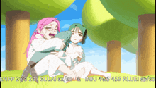 a cartoon of a girl with pink hair holding another girl with green hair