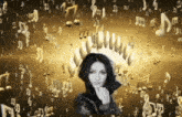 a woman is surrounded by music notes and a crown