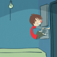 a cartoon of a boy with a red nose and a light bulb above him