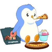 a penguin eating a slice of pizza next to a box of doughnuts and ice cream