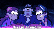 three cartoon characters are looking at a book with the words " three part harmony " on the bottom