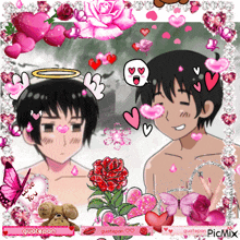 a picture of two anime characters with hearts and flowers and the words love you on the bottom right