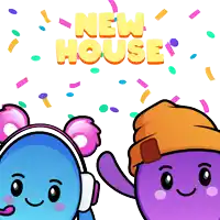 a blue and purple cartoon character standing next to each other with the words new house behind them