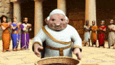 a cartoon of a man holding a basket of grain