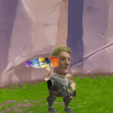 a cartoon character holding a bottle of soda