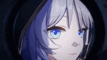 a close up of a girl with blue eyes and a hood