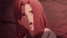 a close up of a woman with red hair and a surprised look on her face