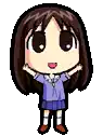 a pixel art drawing of a girl with brown hair and a purple shirt and skirt .