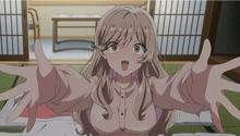 a blonde anime girl with her arms outstretched and her mouth open