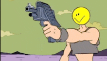 a cartoon character is holding a gun and shooting a laser .
