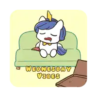 a cartoon of a unicorn sitting on a couch with the words " wednesday vibes " below it