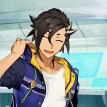 a man in a blue and yellow jacket has the letter o on his shirt