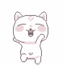 a pixel art of a white cat with pink ears and a lollipop in his mouth .