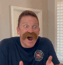 a man with a mustache is wearing a shirt that says fbc coffee on it