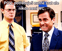 two men in suits and ties are standing next to each other and the caption says pov